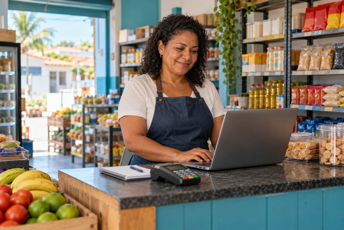 Empreendedora organizando seu pequeno comércio