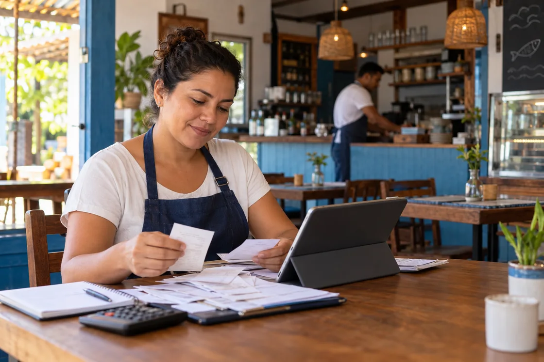 Empreendedora organizando as finanças de um restaurante